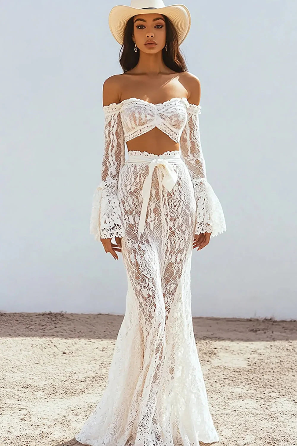 Two Piece White Lace Boho Maxi Full Of Charm Wedding Dress